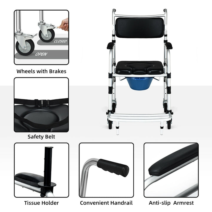 2-in-1 Aluminum Commode/Shower Wheelchair w/ Locking Casters Adjustable Height Image 6