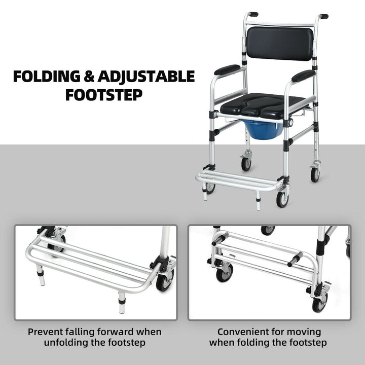 2-in-1 Aluminum Commode/Shower Wheelchair w/ Locking Casters Adjustable Height Image 7