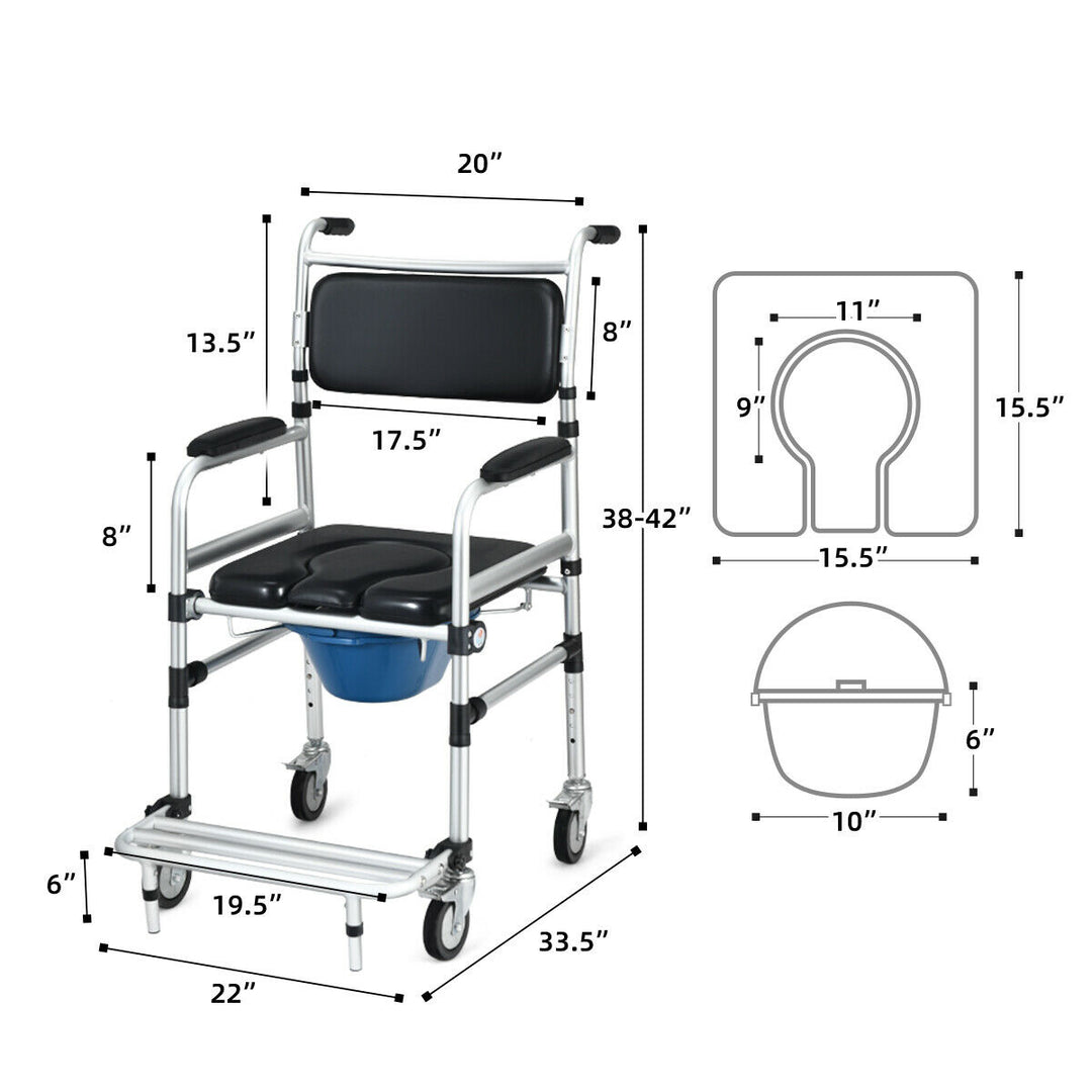 2-in-1 Aluminum Commode/Shower Wheelchair w/ Locking Casters Adjustable Height Image 9