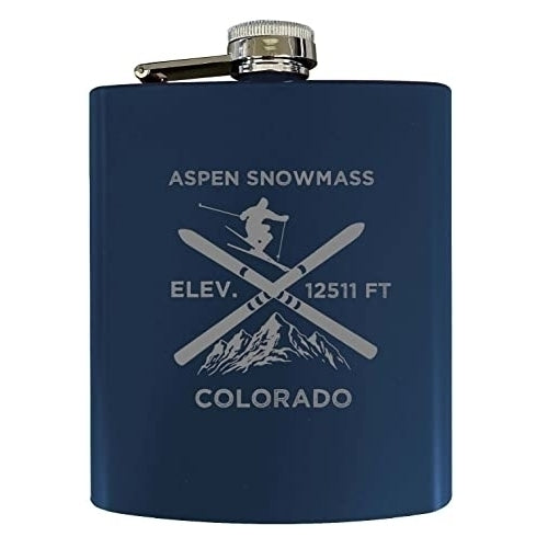 Aspen Snowmass Colorado Ski Snowboard Winter Adventures Stainless Steel 7 oz Flask Navy Image 1