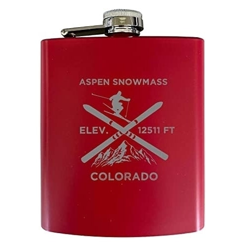 Aspen Snowmass Colorado Ski Snowboard Winter Adventures Stainless Steel 7 oz Flask Red Image 1
