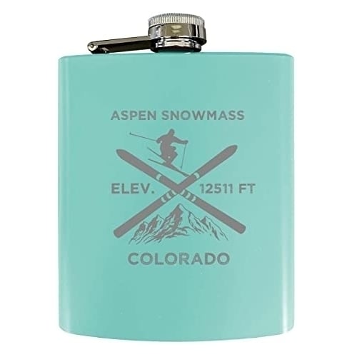 Aspen Snowmass Colorado Ski Snowboard Winter Adventures Stainless Steel 7 oz Flask Seafoam Image 1