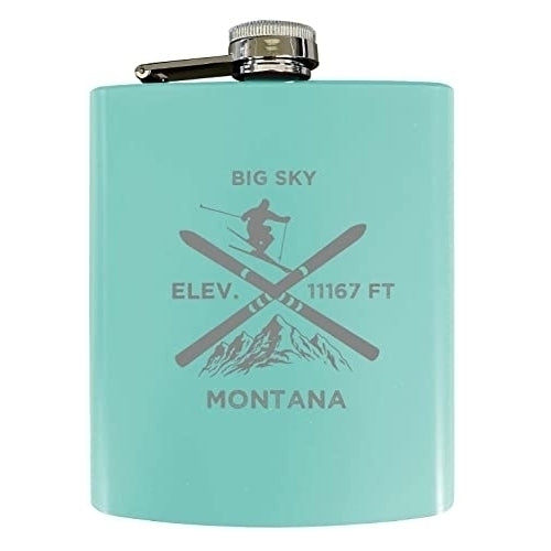 Big Sky Montana Ski Snowboard Winter Adventures Stainless Steel 7 oz Flask Seafoam Image 1