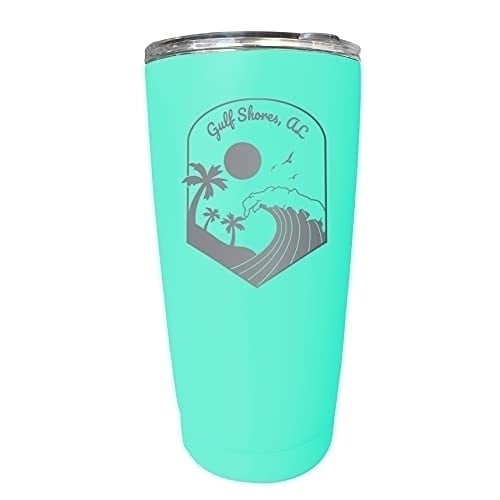 R and R Imports Gulf Shores Alabama Etched 16 oz Stainless Steel Tumbler Wave design Seafoam. Image 1