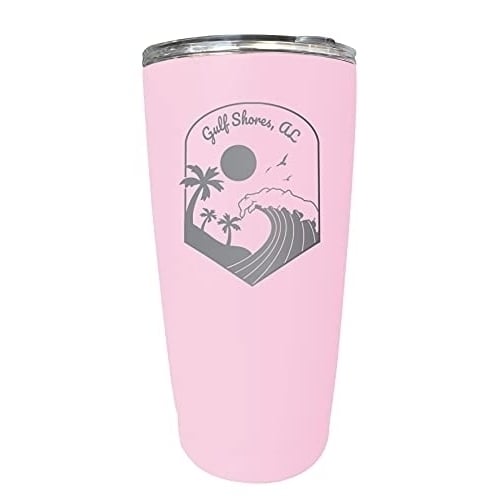 R and R Imports Gulf Shores Alabama Etched 16 oz Stainless Steel Tumbler Wave design Pink Pink. Image 1