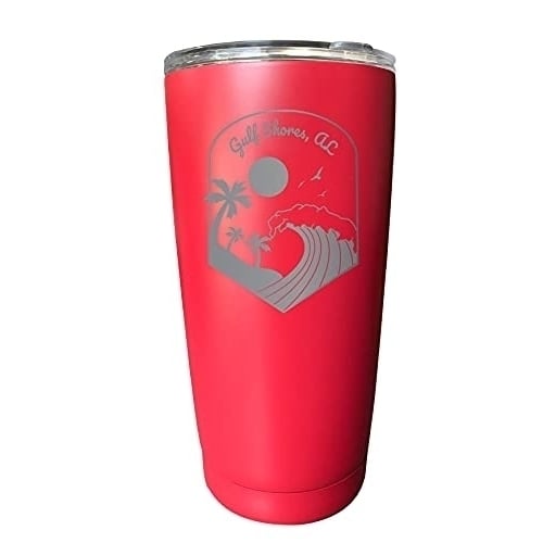 R and R Imports Gulf Shores Alabama Etched 16 oz Stainless Steel Tumbler Wave design Red. Image 1