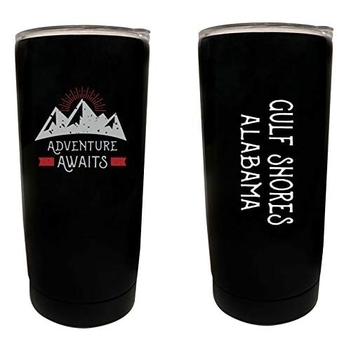 R and R Imports Gulf Shores Alabama Souvenir 16 oz Stainless Steel Insulated Tumbler Adventure Awaits Design Black. Image 1