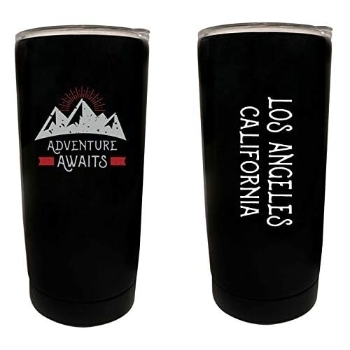 R and R Imports Los Angeles California Souvenir 16 oz Stainless Steel Insulated Tumbler Adventure Awaits Design Black. Image 1