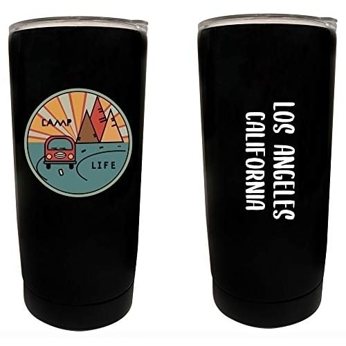 R and R Imports Los Angeles California Souvenir 16 oz Stainless Steel Insulated Tumbler Camp Life Design Black. Image 1