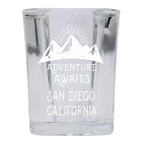 San Diego California Souvenir Laser Engraved 2 Ounce Square Base Liquor Shot Glass 4-Pack Adventure Awaits Design Image 1