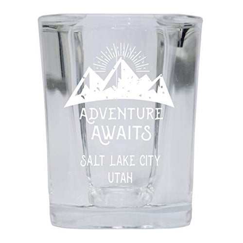 Salt Lake City Utah Souvenir Laser Engraved 2 Ounce Square Base Liquor Shot Glass Adventure Awaits Design Image 1