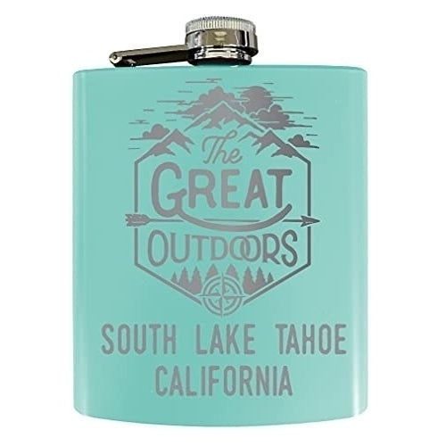 South Lake Tahoe California Laser Engraved Explore the Outdoors Souvenir 7 oz Stainless Steel 7 oz Flask Seafoam Image 1