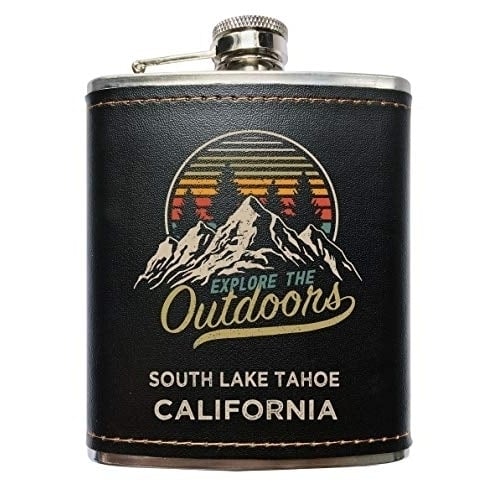 South Lake Tahoe California Explore the Outdoors Souvenir Black Leather Wrapped Stainless Steel 7 oz Flask Image 1