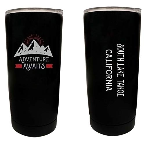 South Lake Tahoe California Souvenir 16 oz Stainless Steel Insulated Tumbler Adventure Awaits Design Black. Image 1