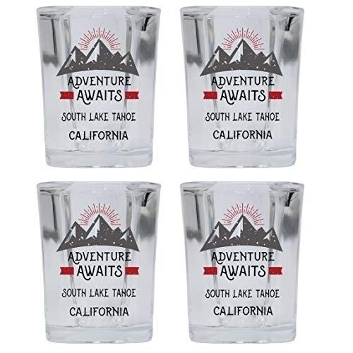 South Lake Tahoe California Souvenir 2 Ounce Square Base Liquor Shot Glass Adventure Awaits Design 4-Pack Image 1