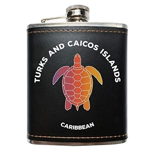 Turks And Caicos Islands Caribbean Souvenir Black Leather Wrapped Stainless Steel 7 oz Flask Image 1