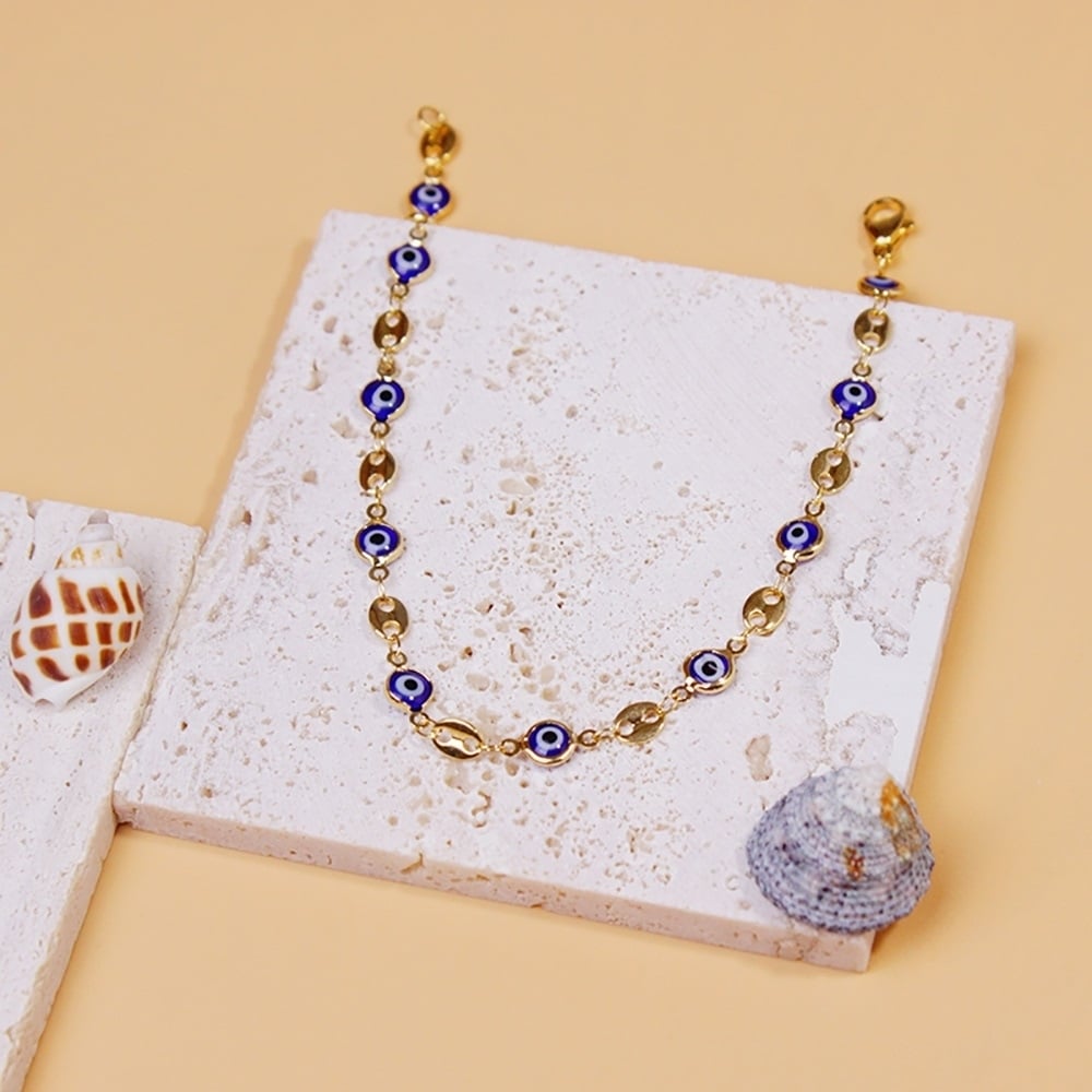 18K Gold Plated Mariner Blue Evil Eye Crystal Anklet Image 3