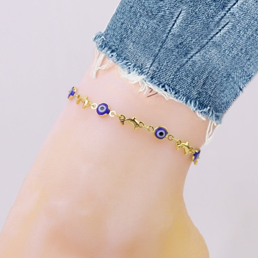 18K Yellow Gold Dolphin Blue Evil Eye Anklet Plated Image 1