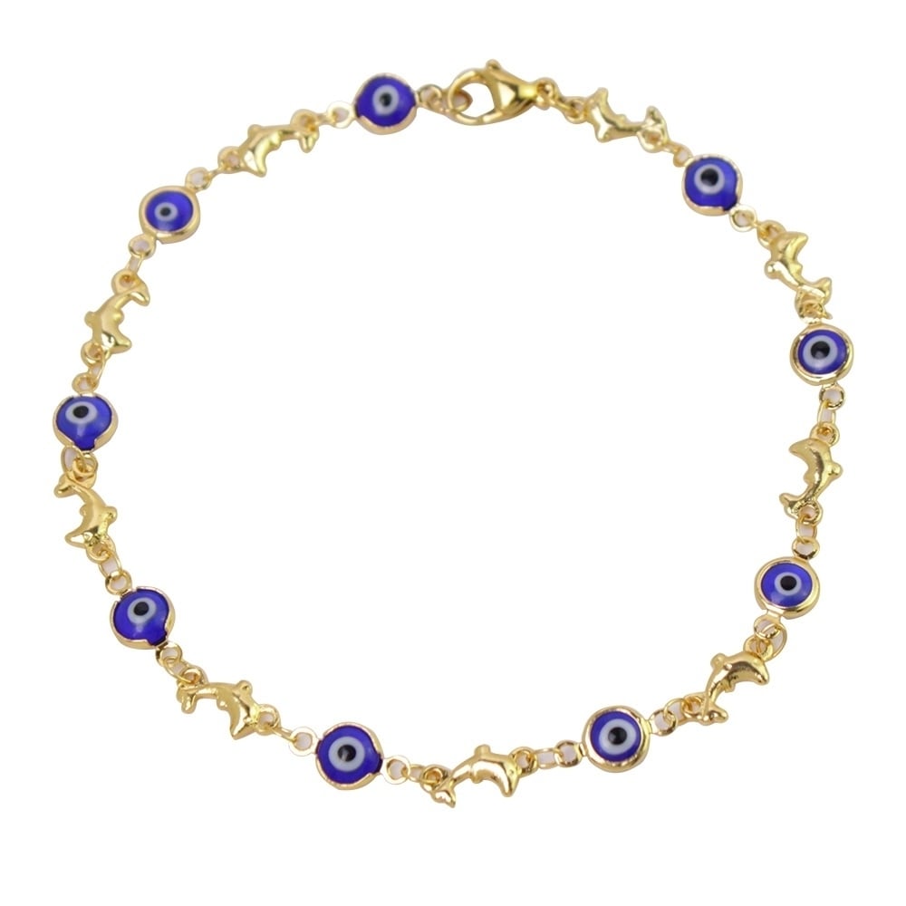 18K Yellow Gold Dolphin Blue Evil Eye Anklet Plated Image 2