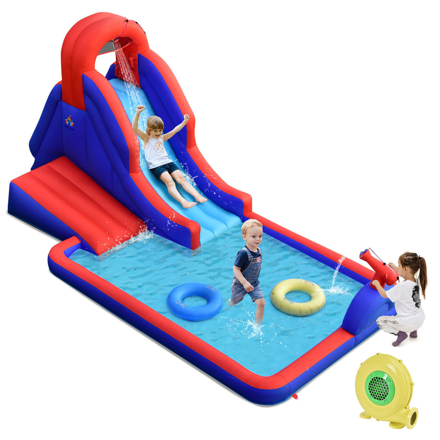 Inflatable Waterslide w/ Climbing Wall Slide Splash Pool Swim Ringsand480W Blower Image 1