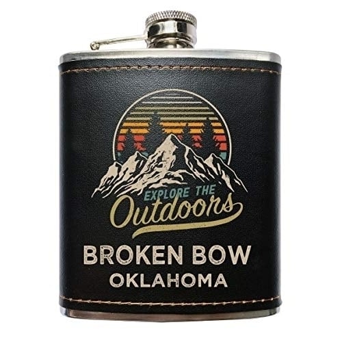 Broken Bow Oklahoma Explore the Outdoors Souvenir Black Leather Wrapped Stainless Steel 7 oz Flask Image 1