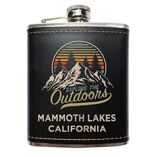 Mammoth Lakes California Explore the Outdoors Souvenir Black Leather Wrapped Stainless Steel 7 oz Flask Image 1