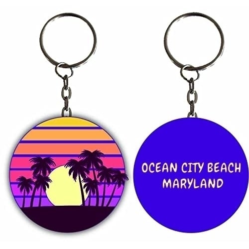 Ocean City Beach Maryland Sunset Palm Metal Keychain Image 1