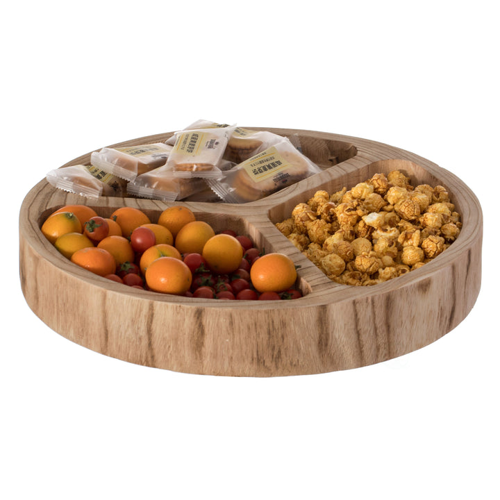 3 Sectional Round Snack Tray Natural Wood 15.75" Rustic Kitchen Dining Decor Image 2