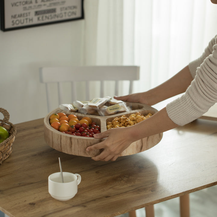 3 Sectional Round Snack Tray Natural Wood 15.75" Rustic Kitchen Dining Decor Image 3