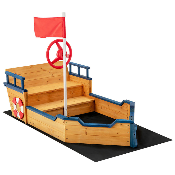 Kids Pirate Boat Wooden Sandbox Non-Woven Fabric Liner Children Outdoor Playset Image 1
