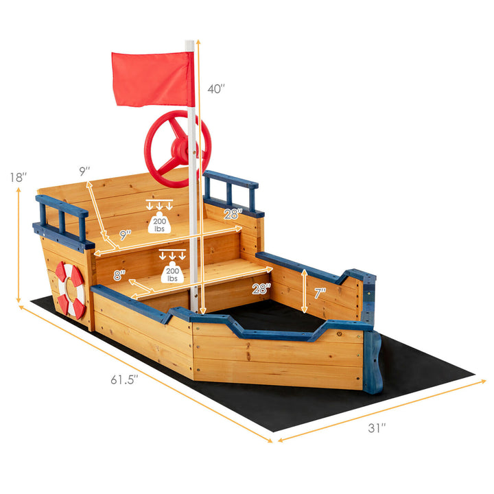 Kids Pirate Boat Wooden Sandbox Non-Woven Fabric Liner Children Outdoor Playset Image 2