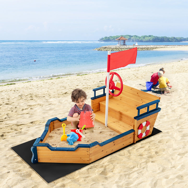 Kids Pirate Boat Wooden Sandbox Non-Woven Fabric Liner Children Outdoor Playset Image 3