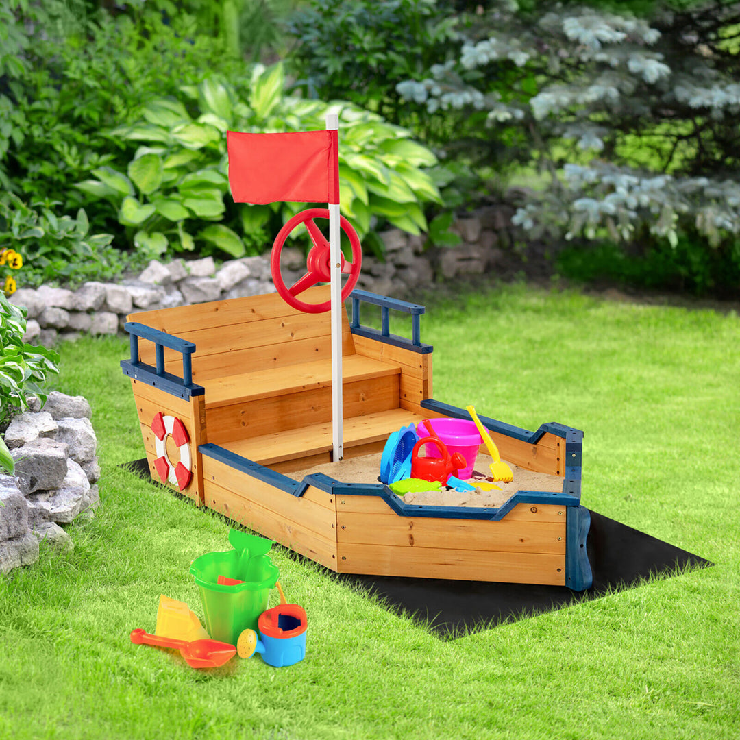 Kids Pirate Boat Wooden Sandbox Non-Woven Fabric Liner Children Outdoor Playset Image 4