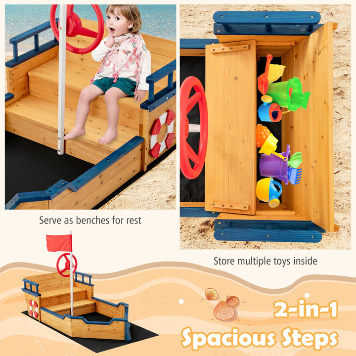 Kids Pirate Boat Wooden Sandbox Non-Woven Fabric Liner Children Outdoor Playset Image 6