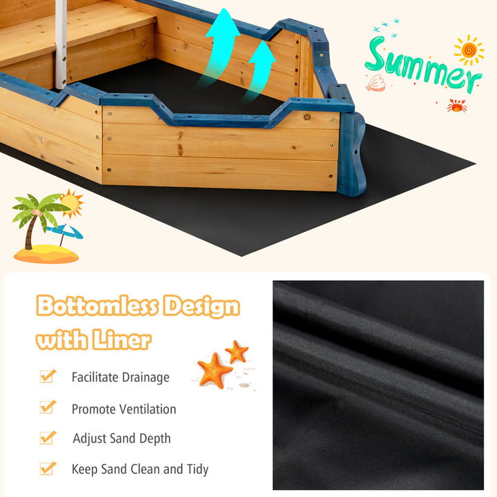 Kids Pirate Boat Wooden Sandbox Non-Woven Fabric Liner Children Outdoor Playset Image 7