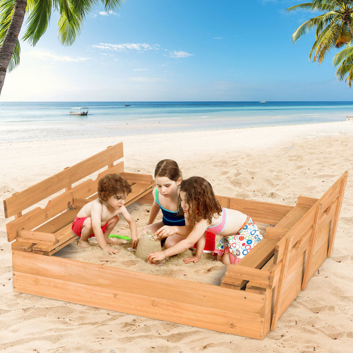 Kids Large Wooden Sandbox Outdoor Cedar Sandpit Play Station with 2 Bench Seats Image 1