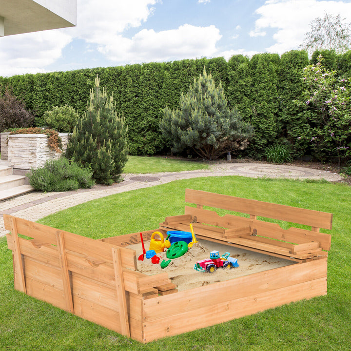 Kids Large Wooden Sandbox Outdoor Cedar Sandpit Play Station with 2 Bench Seats Image 2