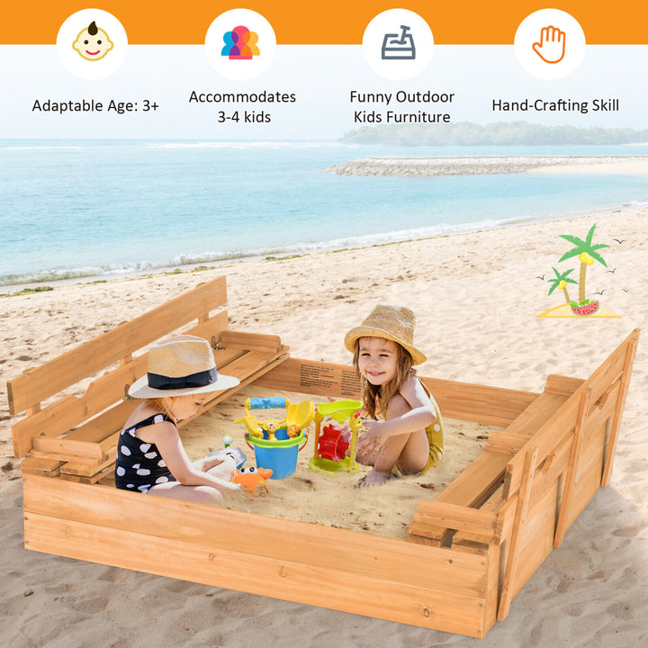 Kids Large Wooden Sandbox Outdoor Cedar Sandpit Play Station with 2 Bench Seats Image 3