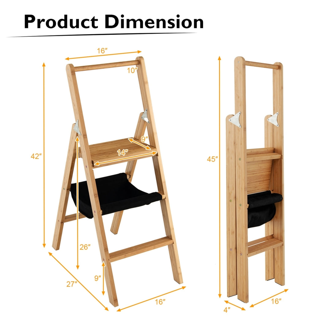 3 Step Ladder Foldable Bamboo Step Stool 330Lbs Capacity with Tool Storage Bag Image 2