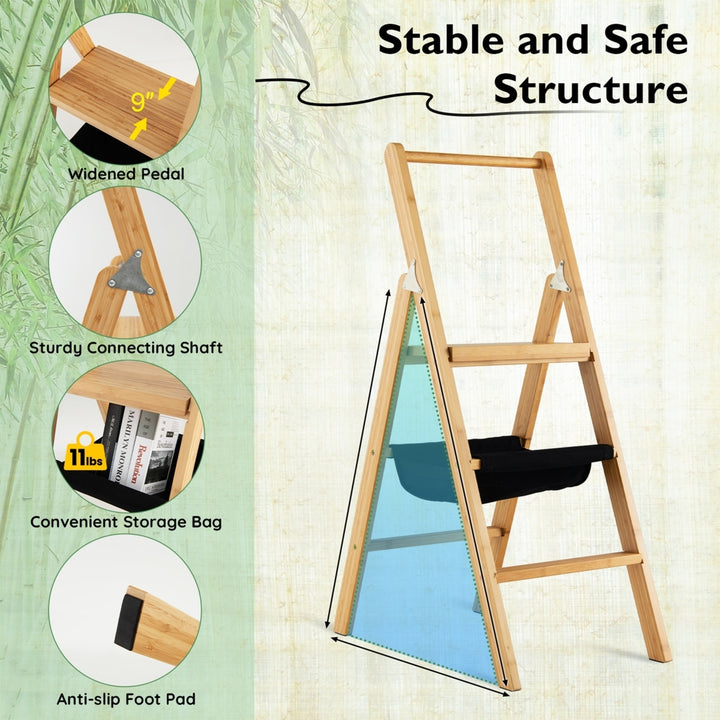 3 Step Ladder Foldable Bamboo Step Stool 330Lbs Capacity with Tool Storage Bag Image 10