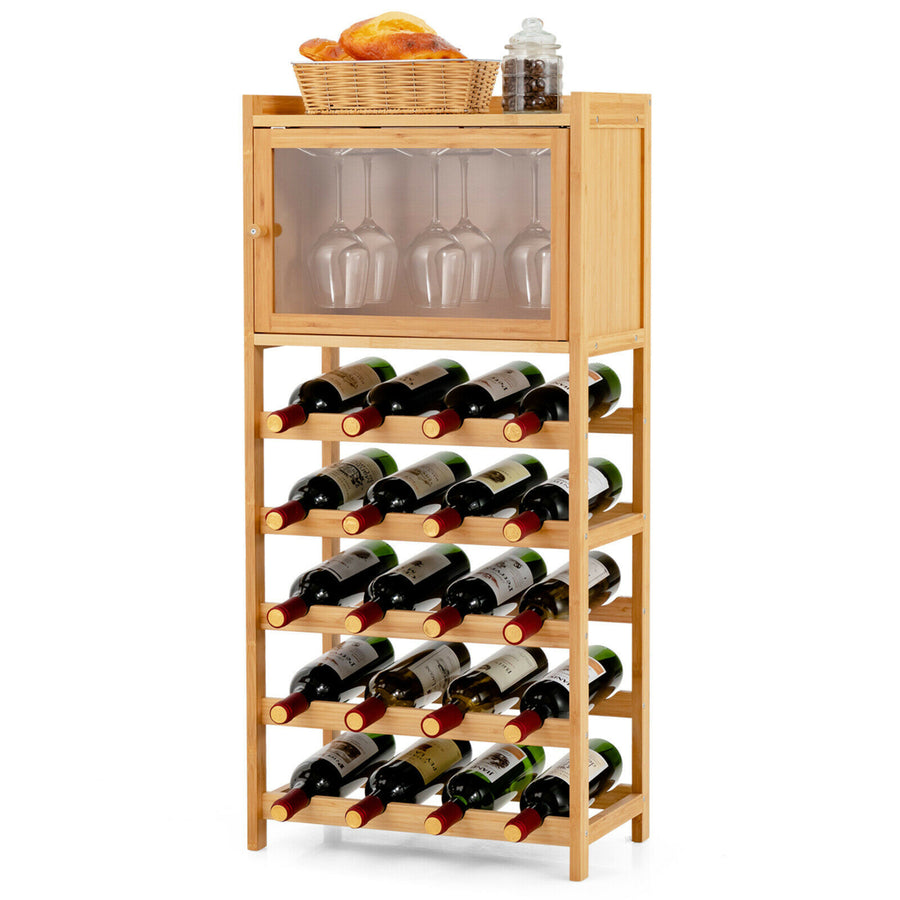 20-Bottle Bamboo Wine Rack Cabinet Freestanding Display Shelf w/ Glass Hanger Image 1