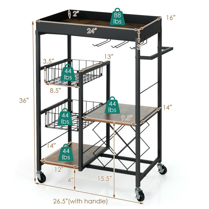 4-Tier Kitchen Bar Cart Rolling Serving Trolley Wine Rack Removable Tray Basket Image 2
