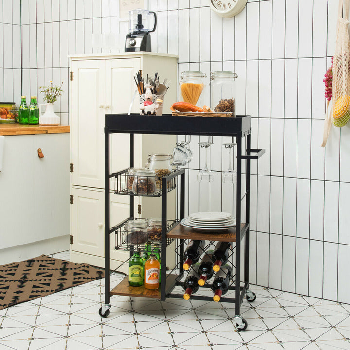 4-Tier Kitchen Bar Cart Rolling Serving Trolley Wine Rack Removable Tray Basket Image 3