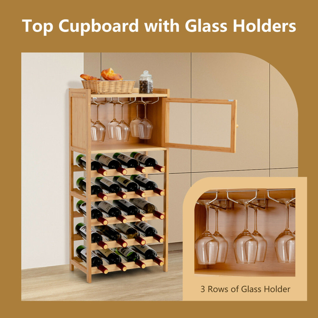 20-Bottle Bamboo Wine Rack Cabinet Freestanding Display Shelf w/ Glass Hanger Image 4