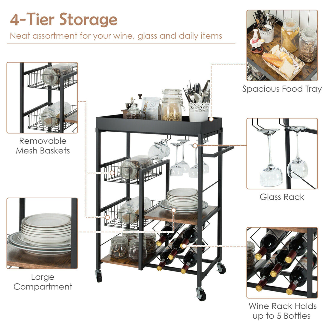 4-Tier Kitchen Bar Cart Rolling Serving Trolley Wine Rack Removable Tray Basket Image 4