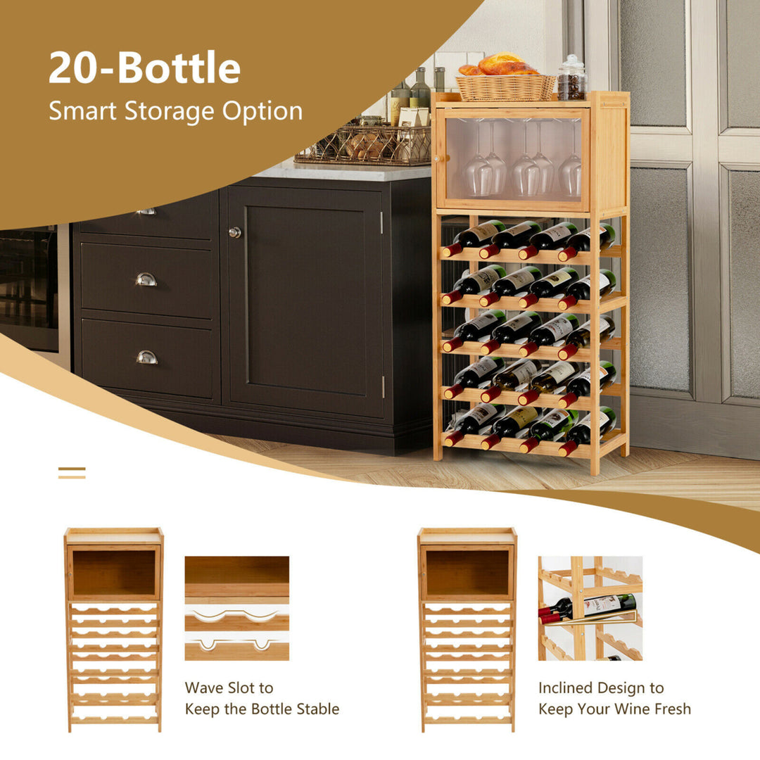 20-Bottle Bamboo Wine Rack Cabinet Freestanding Display Shelf w/ Glass Hanger Image 7