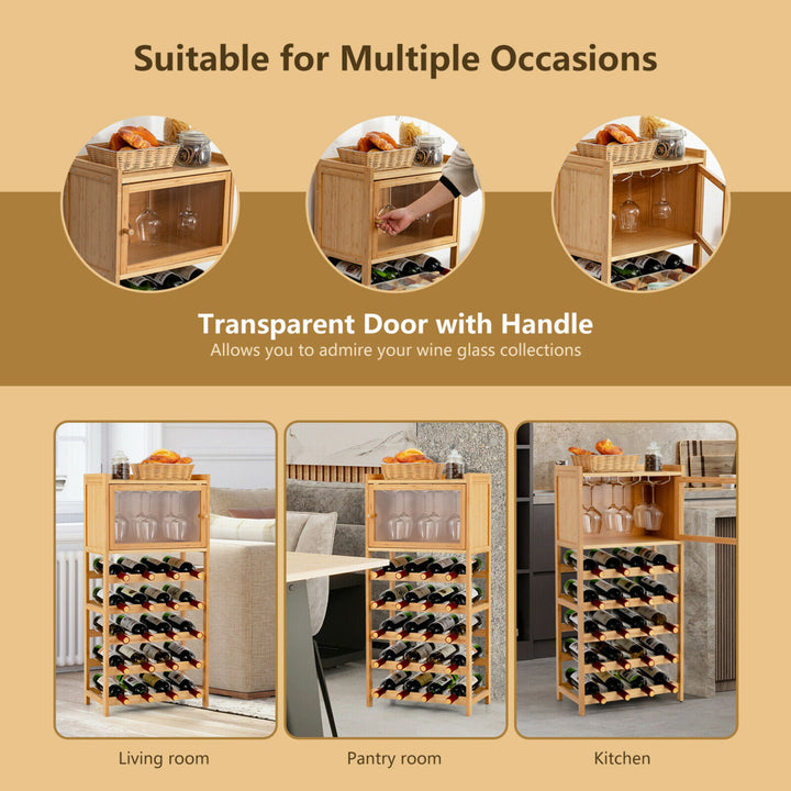 20-Bottle Bamboo Wine Rack Cabinet Freestanding Display Shelf w/ Glass Hanger Image 8