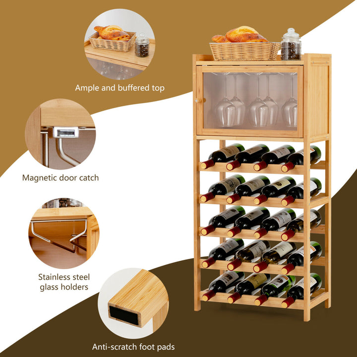 20-Bottle Bamboo Wine Rack Cabinet Freestanding Display Shelf w/ Glass Hanger Image 9