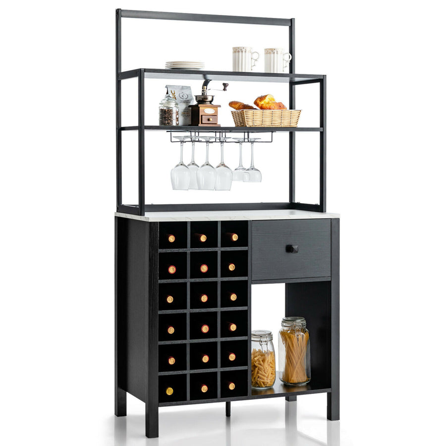Kitchen Bakers Rack Freestanding Wine Rack Table w/ Glass Holder and Drawer Black / Rustic Image 1