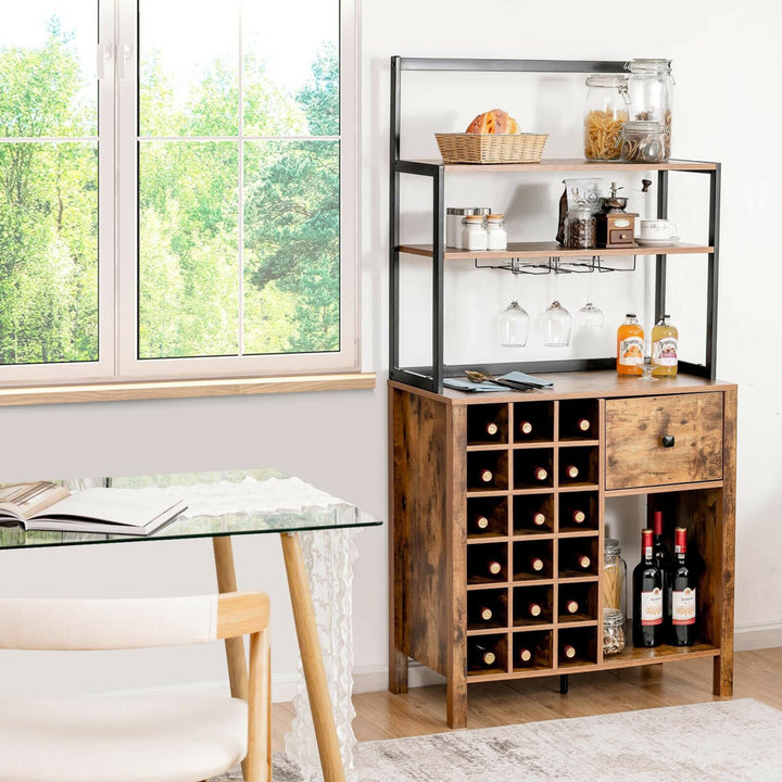 Kitchen Bakers Rack Freestanding Wine Rack Table w/ Glass Holder and Drawer Black / Rustic Image 3